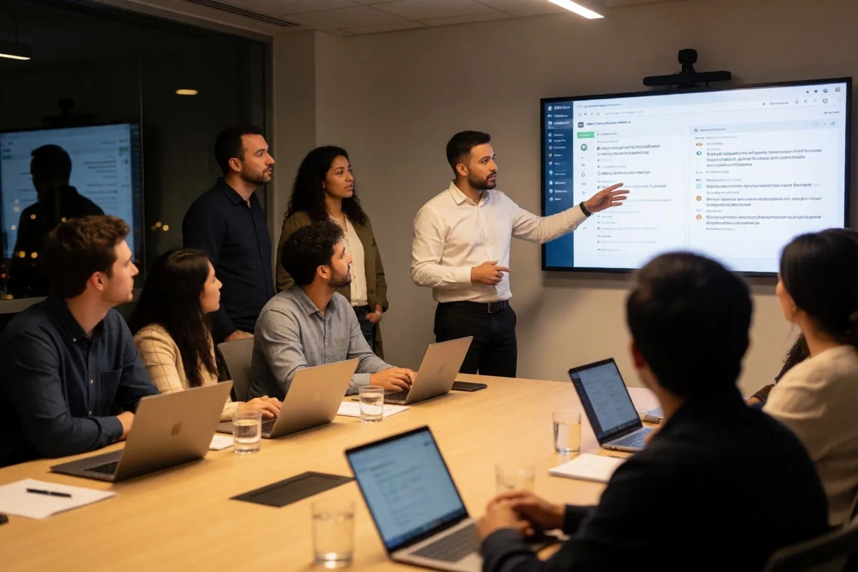 Equipo de desarrollo revisando código Flutter en una sesión de capacitación corporativa