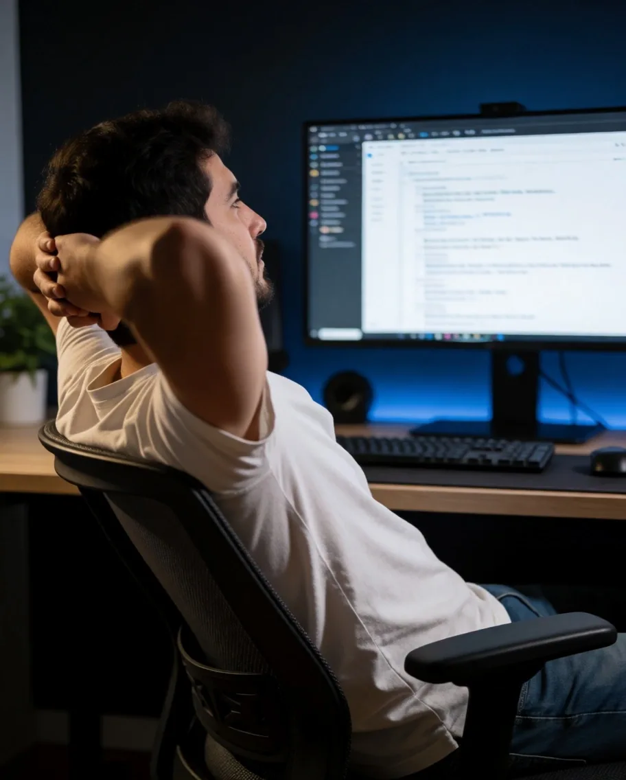 Programador escribiendo código Dart de noche en un estudio de Buenos Aires
