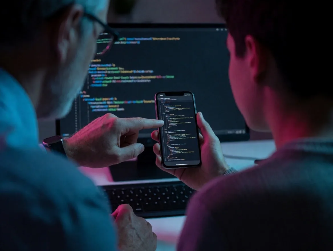 Dos desarrolladores trabajando en código Flutter con resaltado de sintaxis